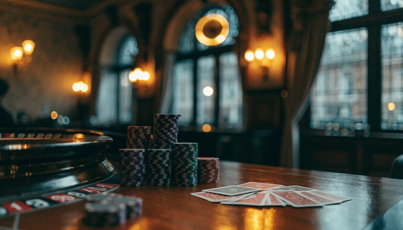 Elegant British gaming lounge with roulette wheel, chips, and cards on a mahogany table