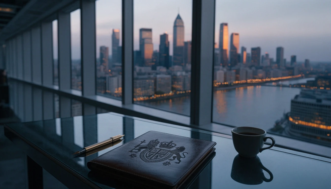 Leather portfolio with UK royal arms on a glass desk overlooking the City of London at dusk