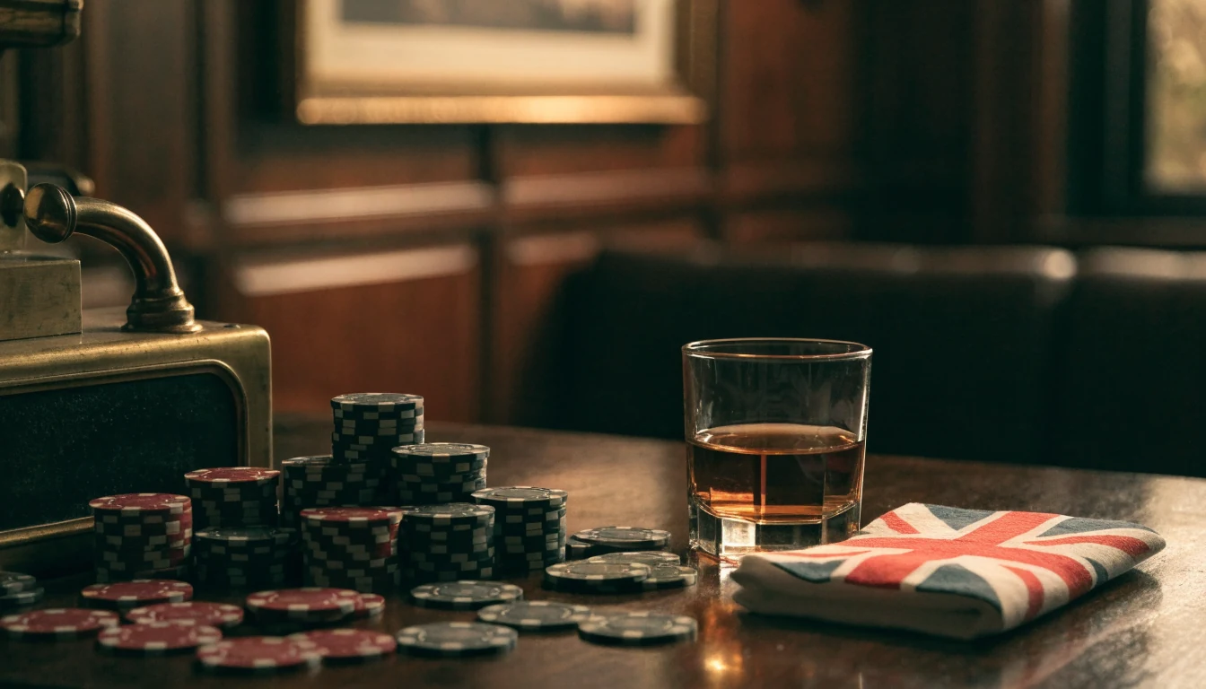 Vintage slot tokens, poker chips, and whisky on a British pub desk.