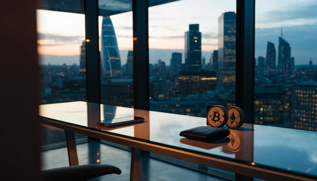 London skyline at dusk behind a desk with crypto coins and a face-down smartphone.