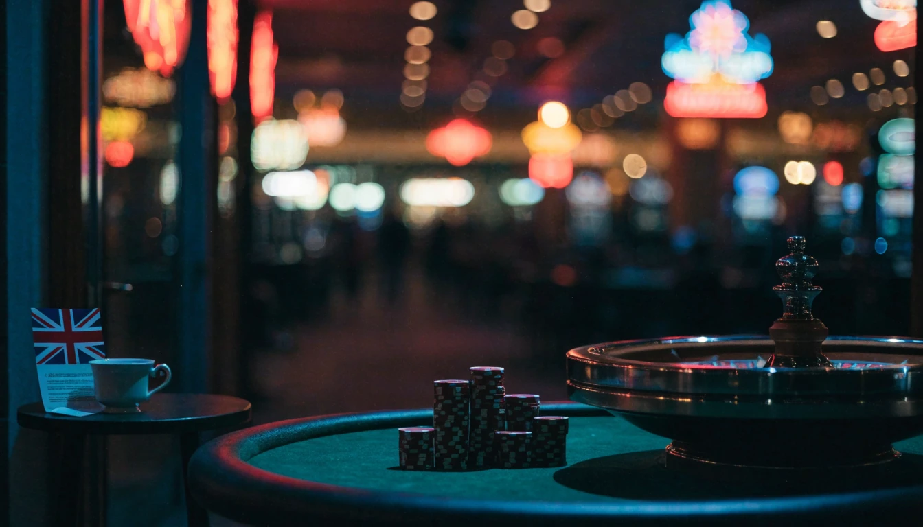 Neon-lit casino interior with roulette wheel, poker chips, and a Union Jack programme on the table
