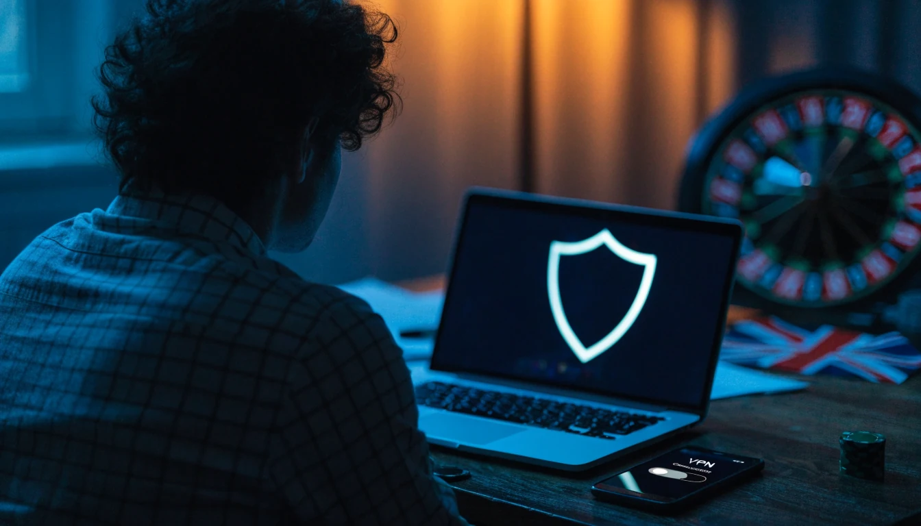 Person using a laptop with VPN shield, UK flag, poker chip, and roulette on desk.