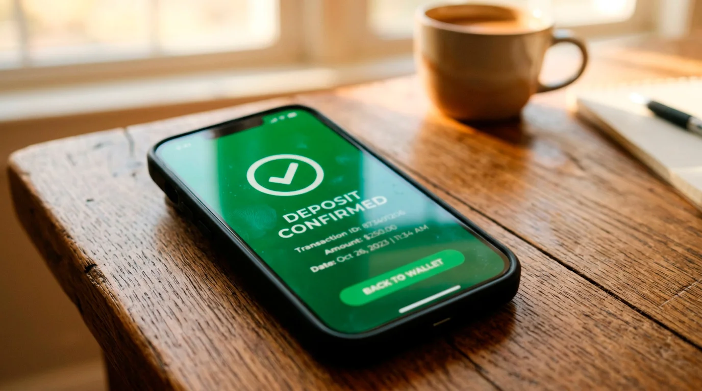 Smartphone showing a deposit instantly credited with a green tick