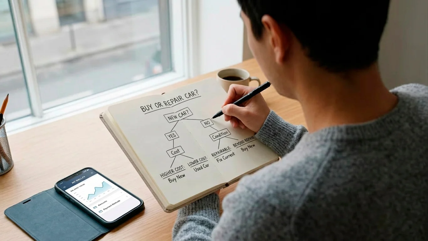 Person mapping payment options to their own priorities with a notebook
