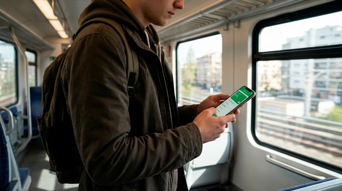 Person making a wallet deposit on a phone while standing on a train