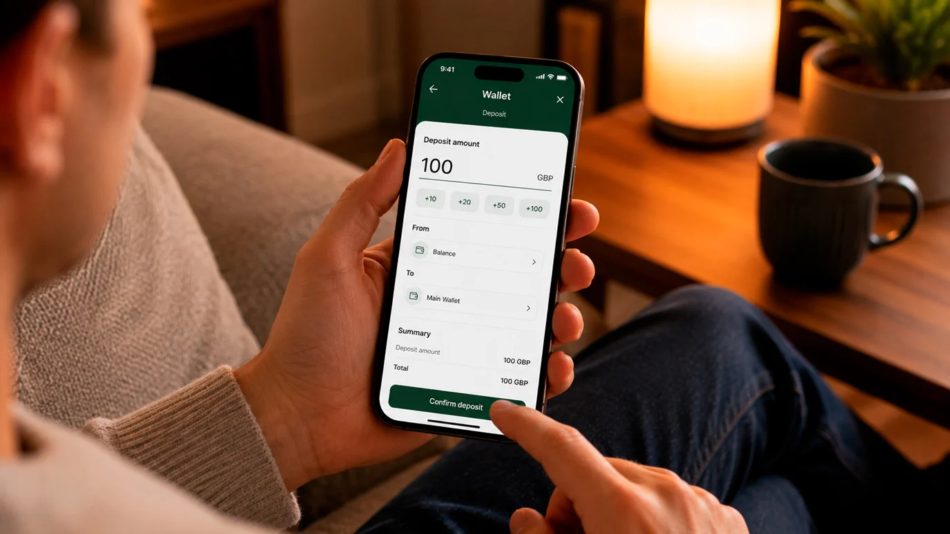 Person tapping through a quick mobile deposit flow in a wallet app