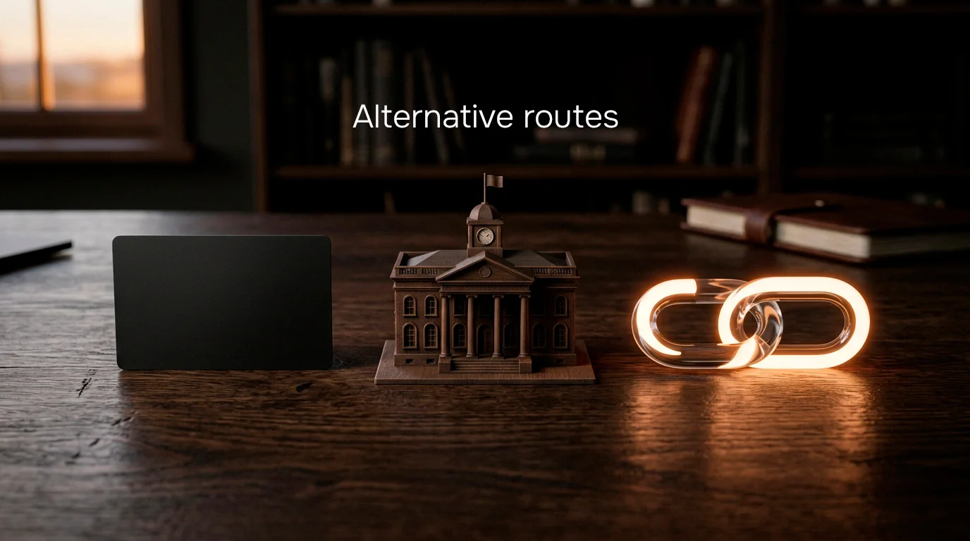 A plain card, a bank icon and an open-banking link shown as alternative routes