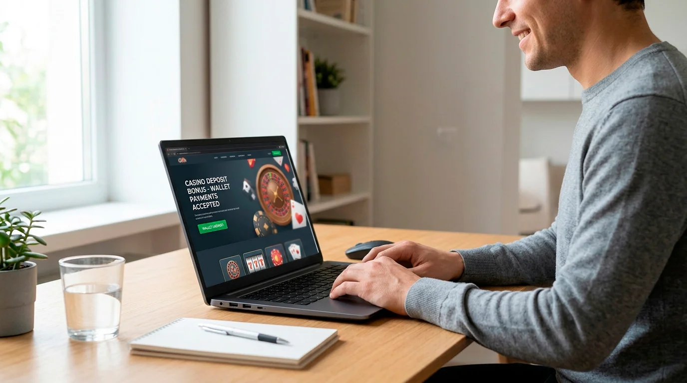 Person finding a wallet-eligible promotion on a casino site on a laptop