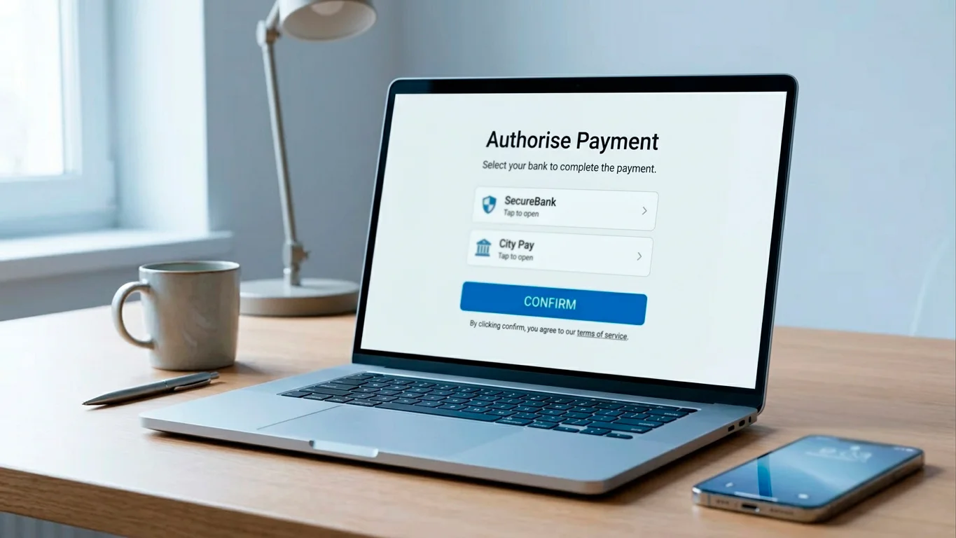 Laptop showing a clean open-banking authorisation screen for a direct payment