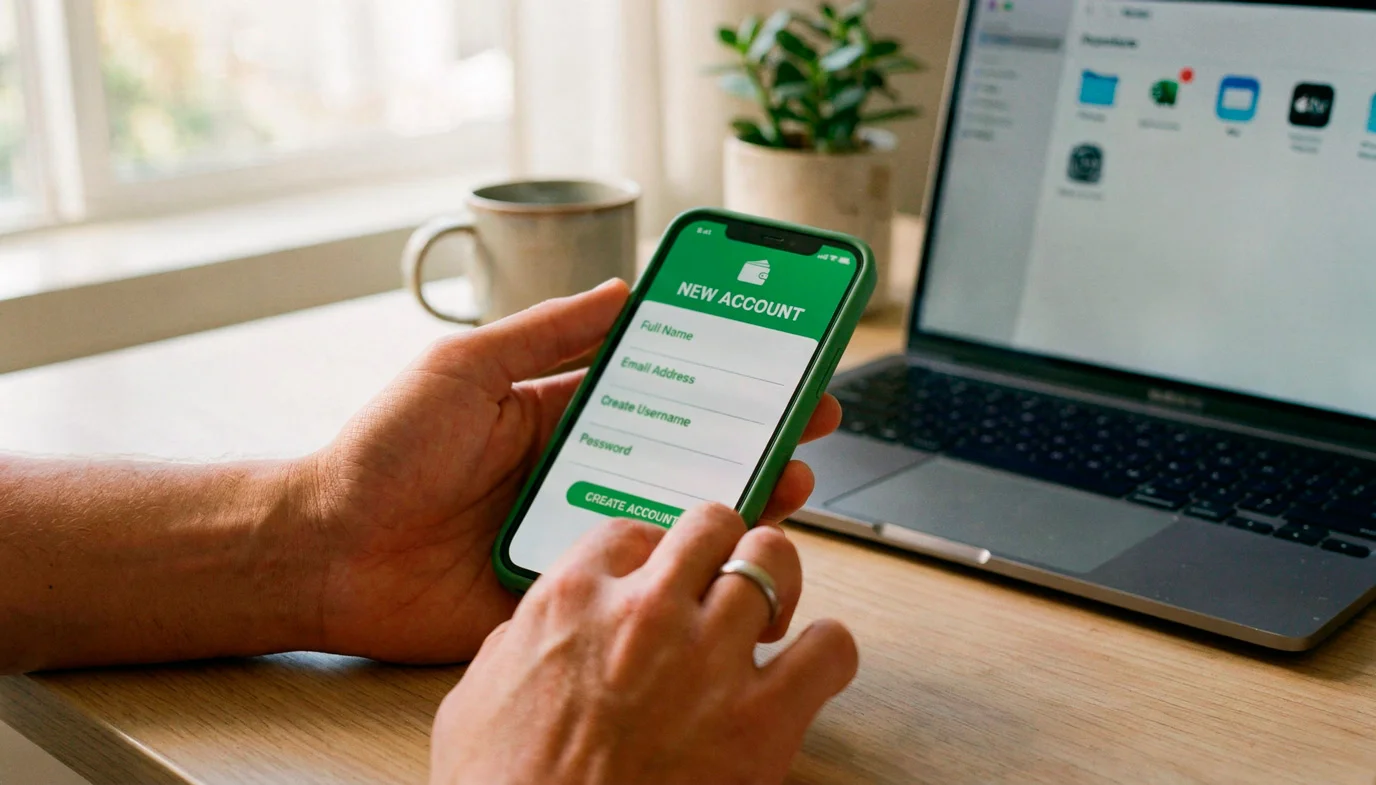 Hands creating a new green digital wallet account on a smartphone at a clean desk