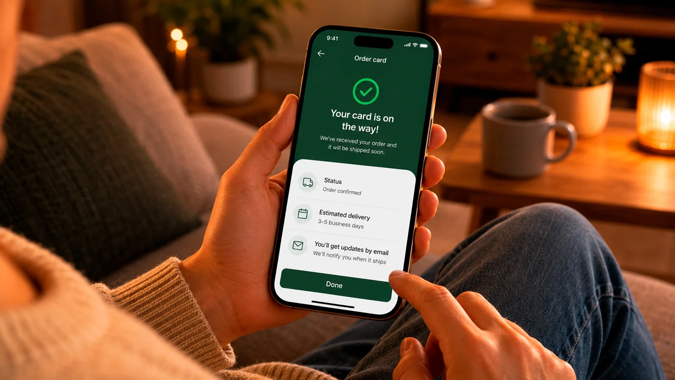 Person ordering a prepaid card through a wallet app on a phone at home