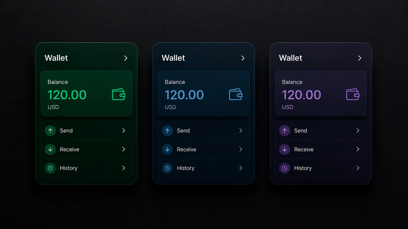 Three plain wallet app tiles side by side representing comparable e-wallets