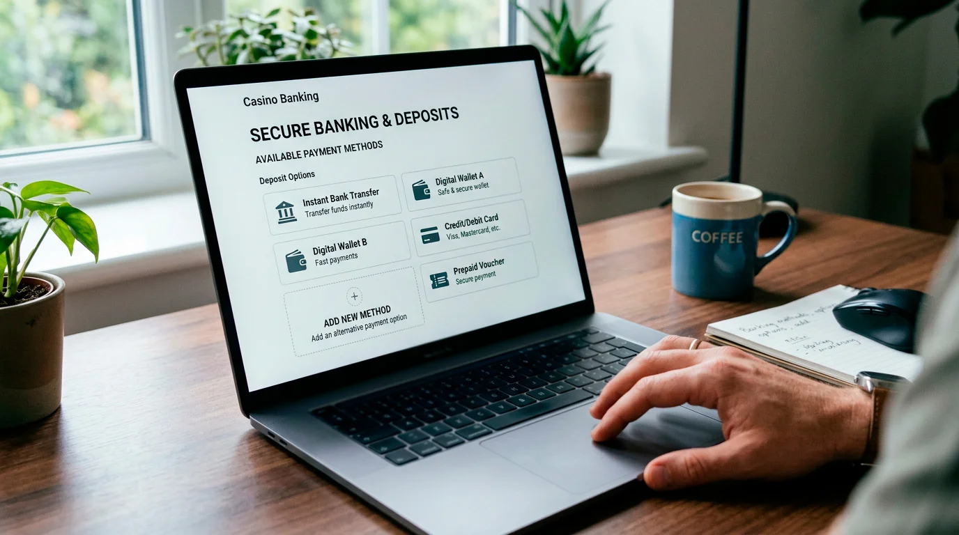 Casino banking page on a laptop where a popular wallet method is absent