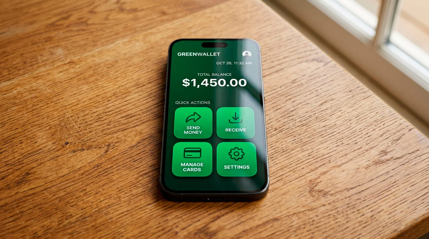 Green wallet app home screen on a phone resting on a wooden table