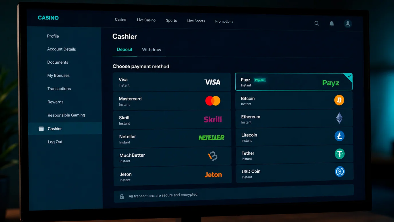 Casino banking page listing the Payz e-wallet among UK deposit and withdrawal options