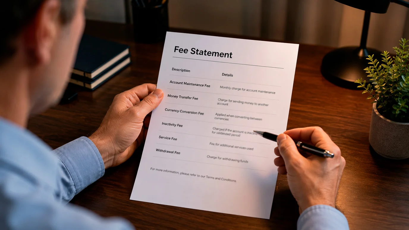 Person reviewing a printed Payz fee statement showing conversion and transfer charges