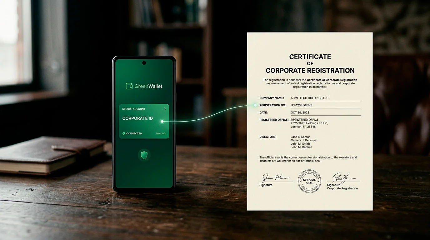 A green wallet logo linked to a corporate registration document and a regulatory reference