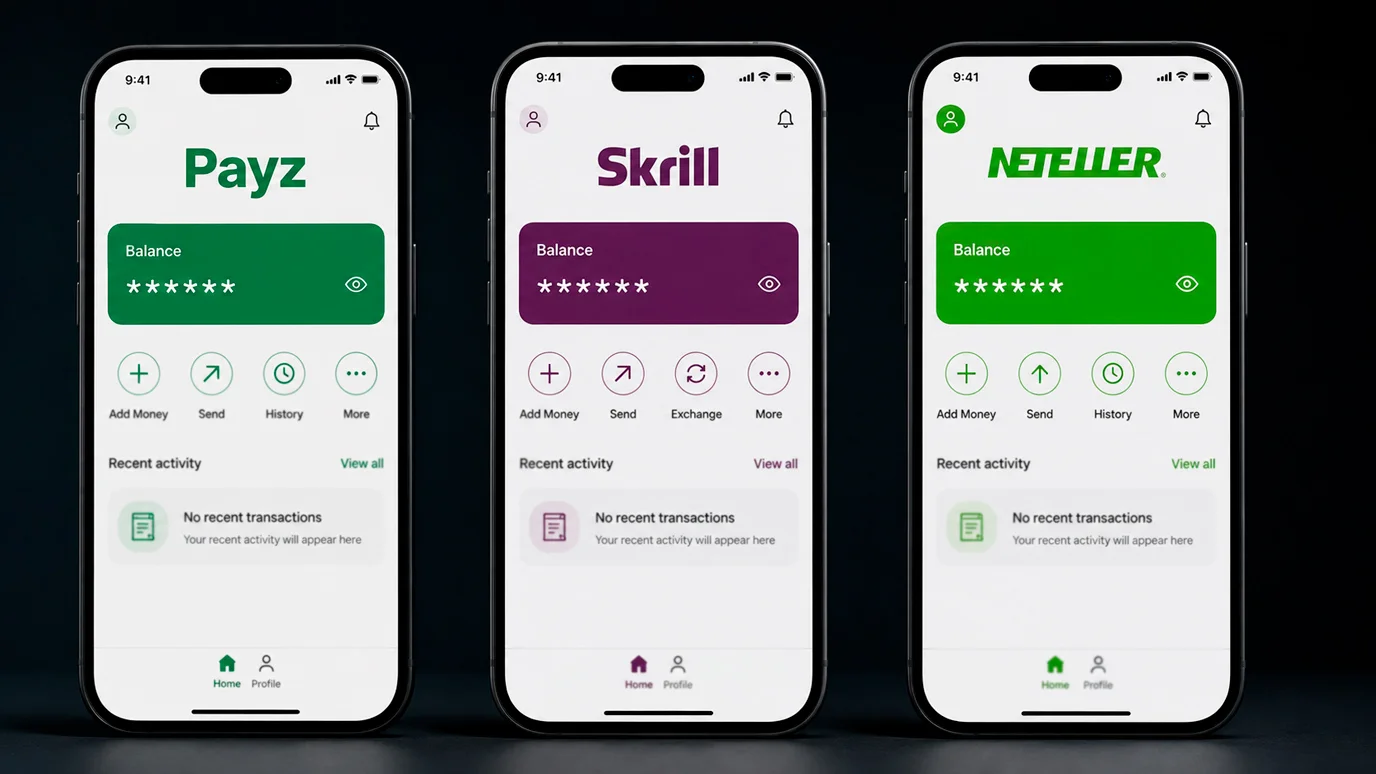 Payz, Skrill and Neteller e-wallet apps shown side by side on phone screens