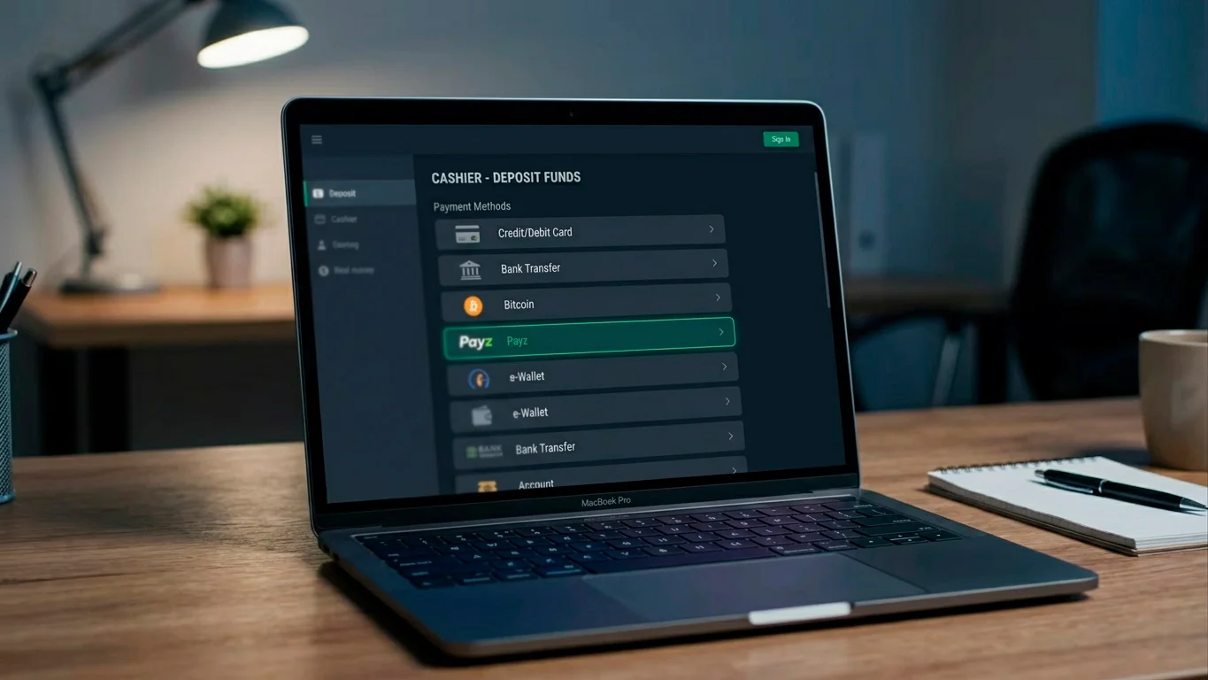UK online casino cashier page listing Payz among other deposit methods on a laptop