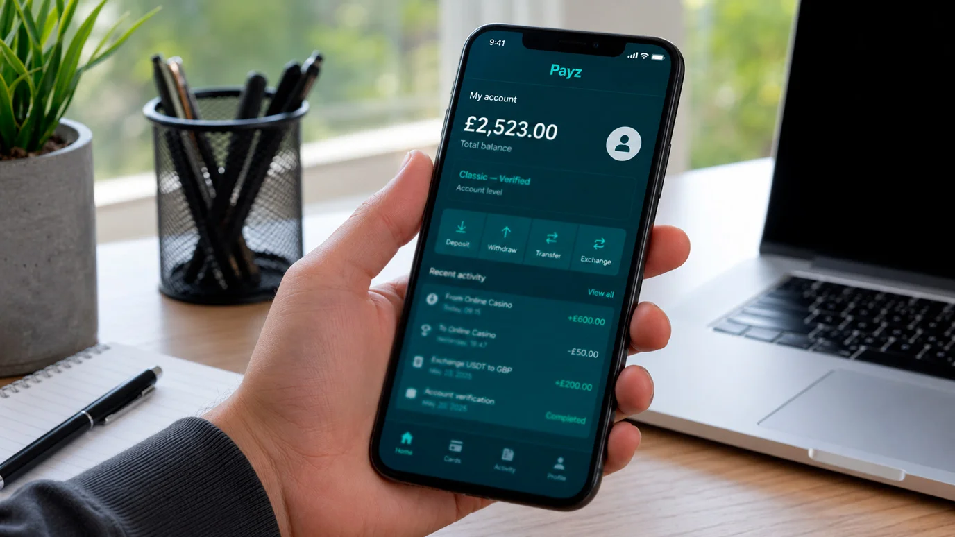 Payz wallet account screen showing a pound balance and verified account tier