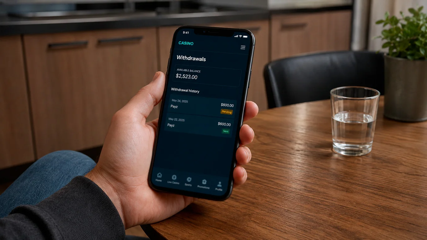 Player reviewing a pending Payz withdrawal status on a casino account screen