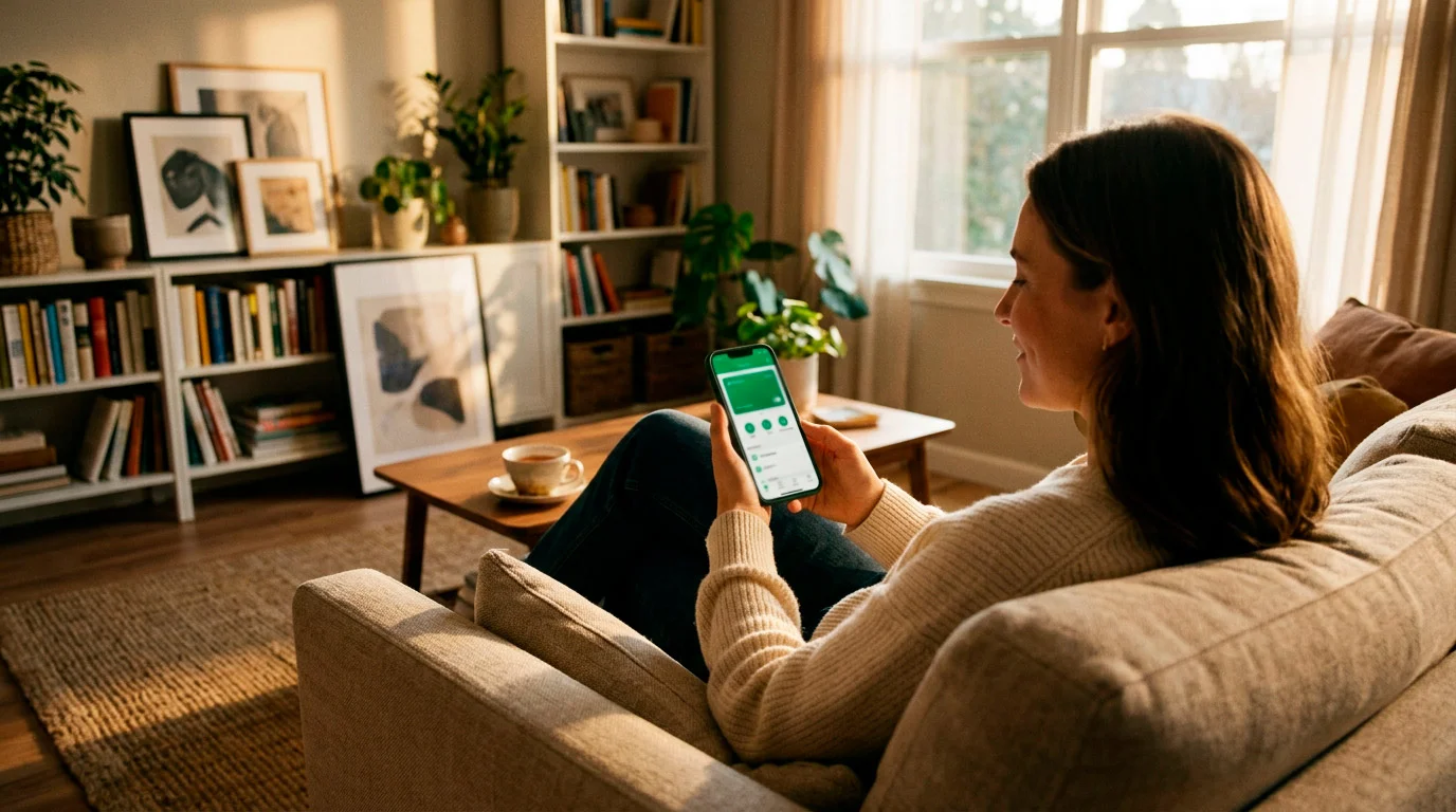 Person relaxing on a sofa at home calmly checking their wallet balance on a phone