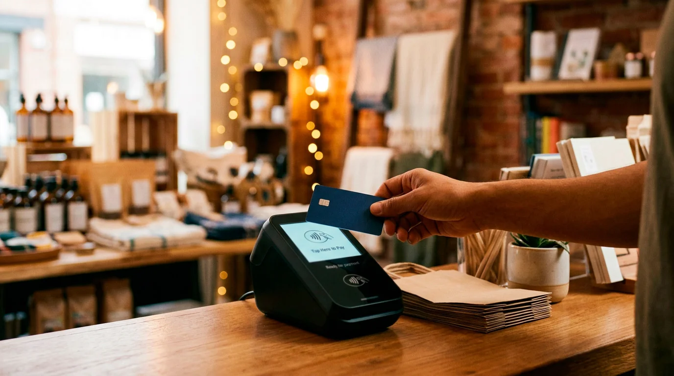 Person tapping a plain prepaid card at a contactless terminal in a shop