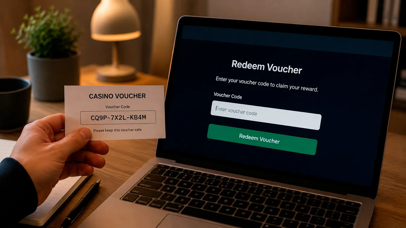 Hand entering a voucher code into a casino cashier screen on a laptop
