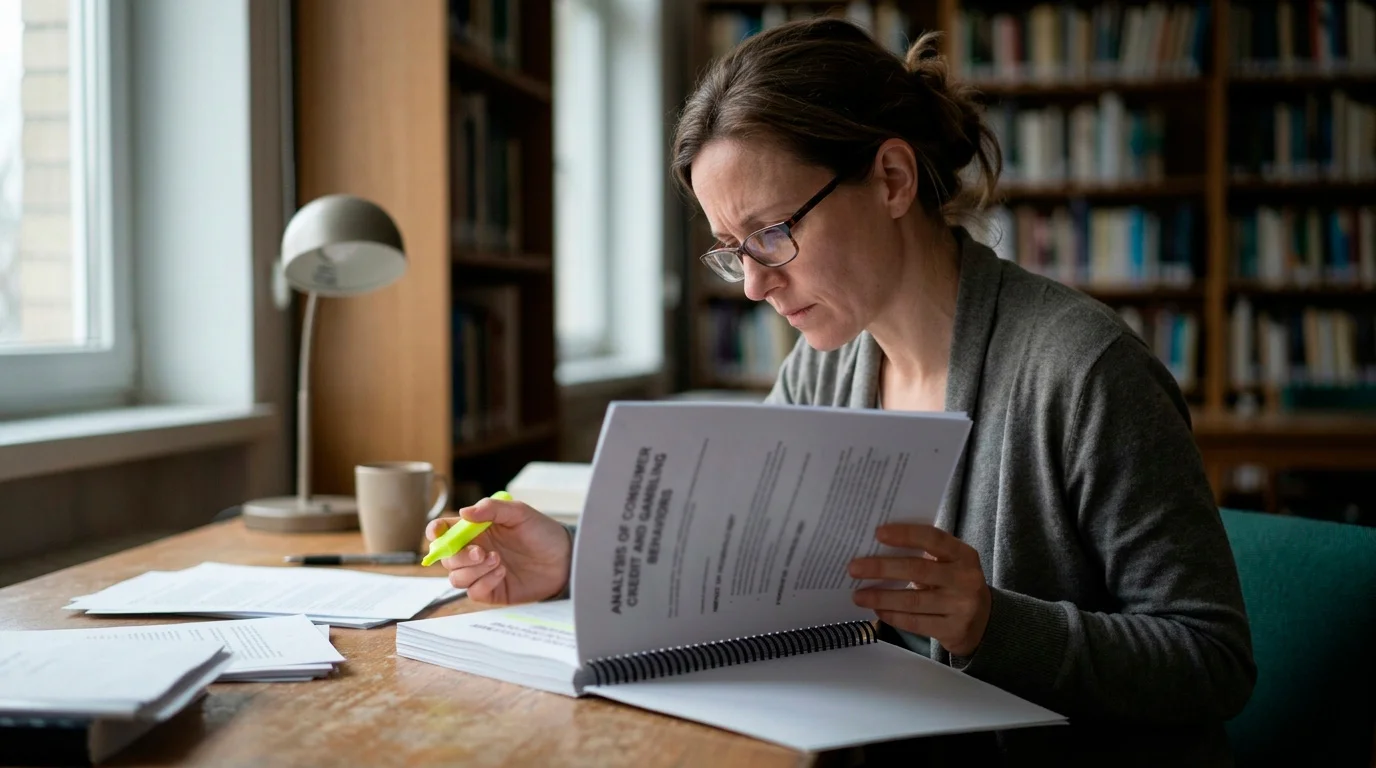 Researcher reviewing a printed report on credit and gambling harm in a quiet office