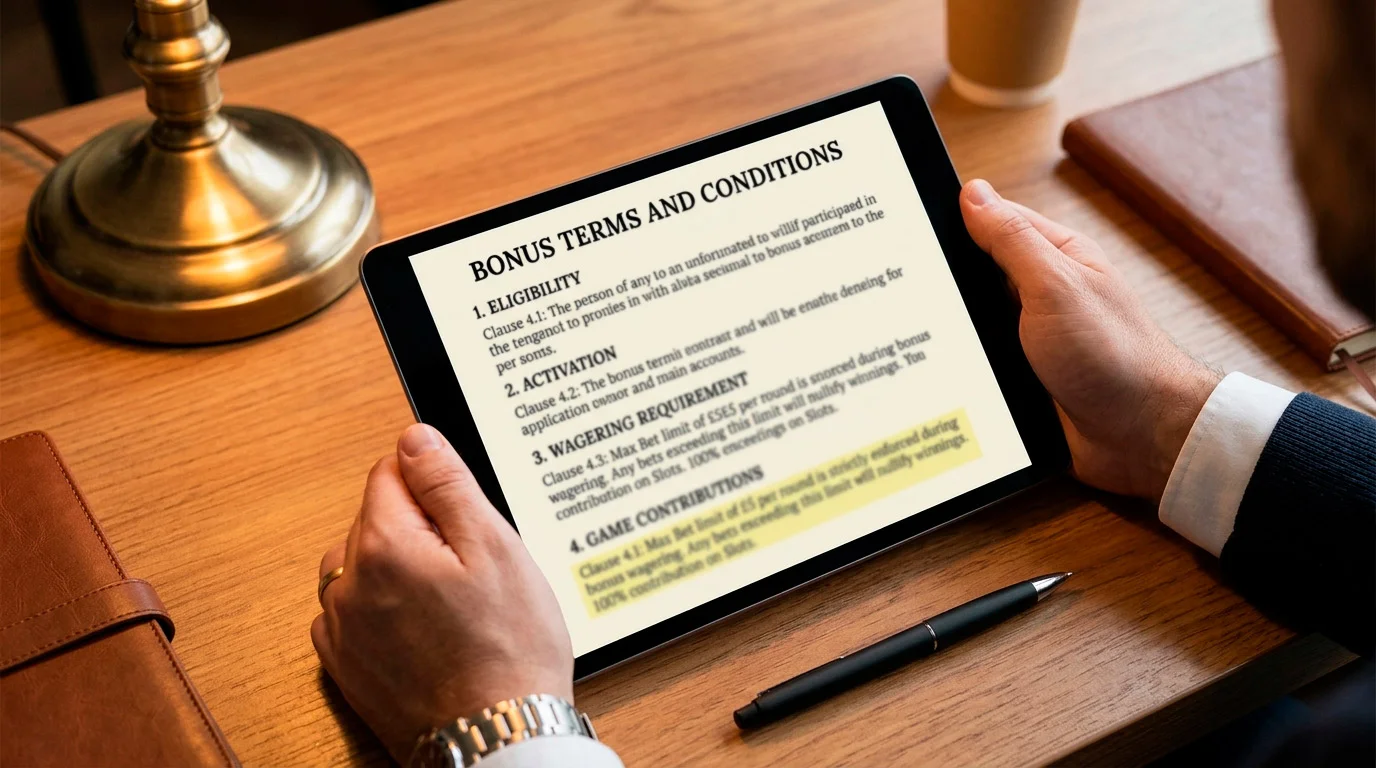 Person carefully reading casino bonus terms and conditions on a tablet