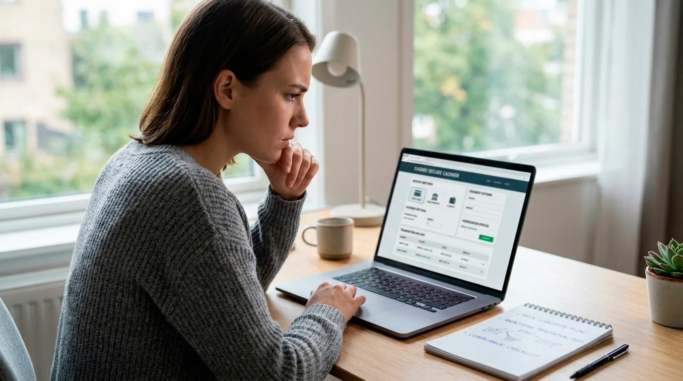 Person assessing a new casino cashier page on its own merits on a laptop