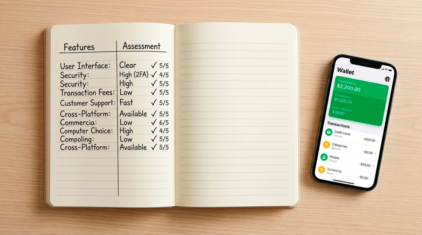 Person comparing wallet options on a notebook beside a phone