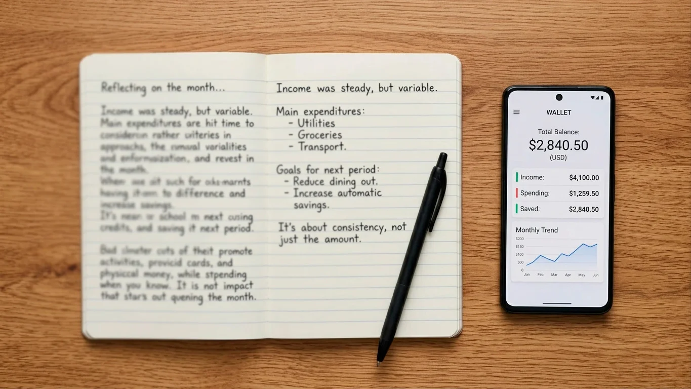 Person reflecting on their payment habits with a notebook and a phone