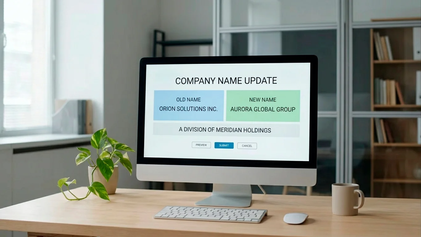 Office monitor showing a simple before-and-after name change with the same company