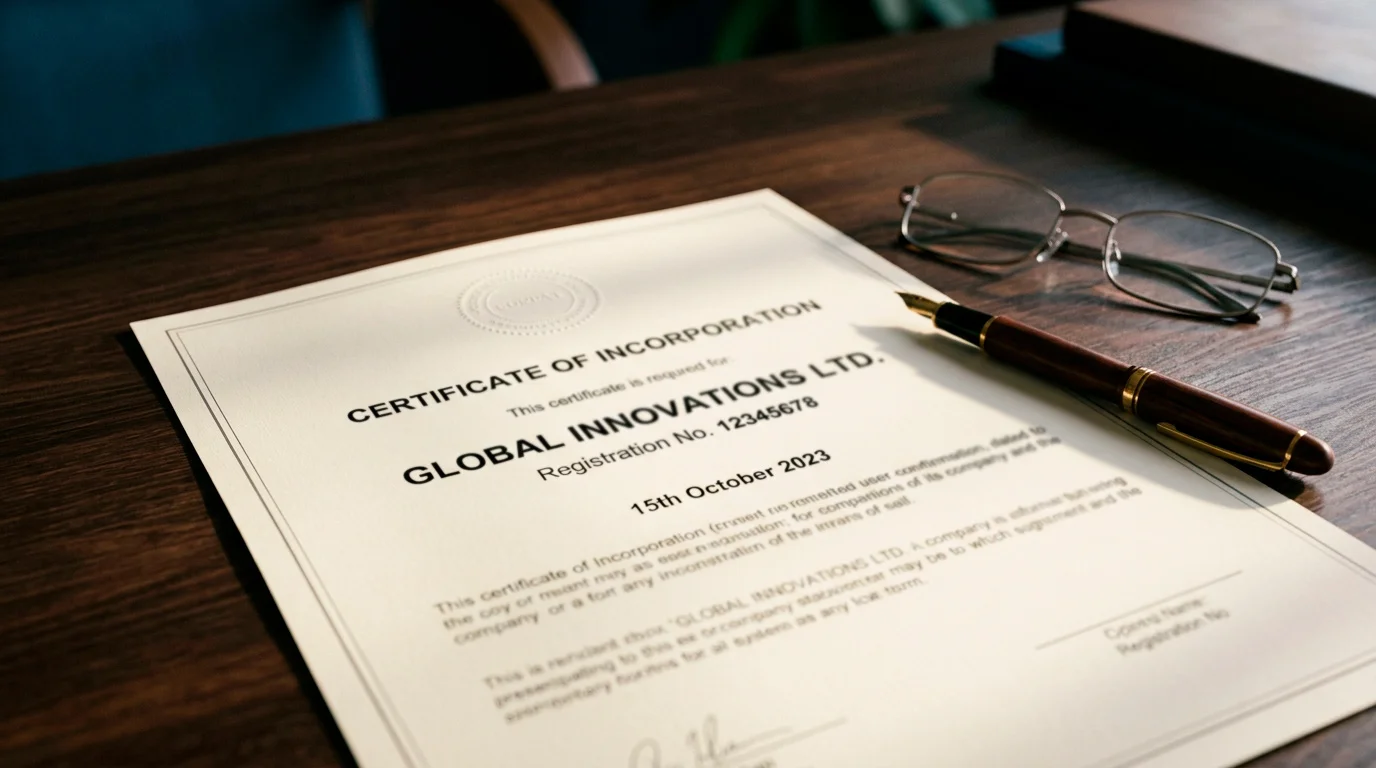 Printed company registration certificate on a desk under a desk lamp