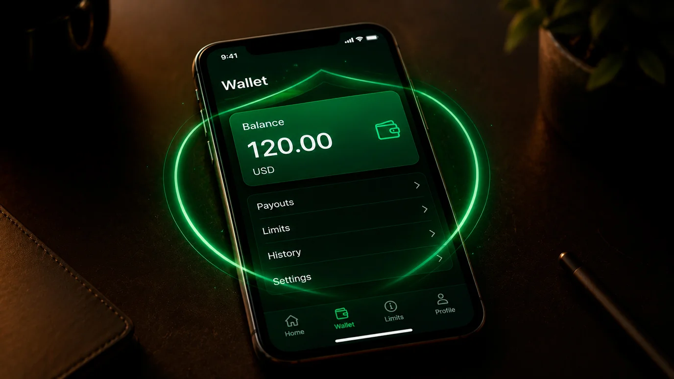 A green wallet balance encircled by a protective regulated ring on a phone