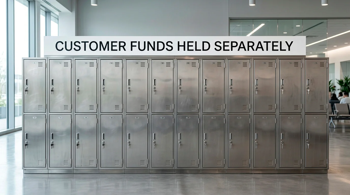 Ring-fenced safeguarding shown as separate lockers keeping customer funds apart