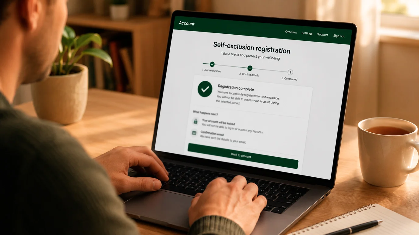 Person calmly registering for a legitimate self-exclusion support service on a laptop