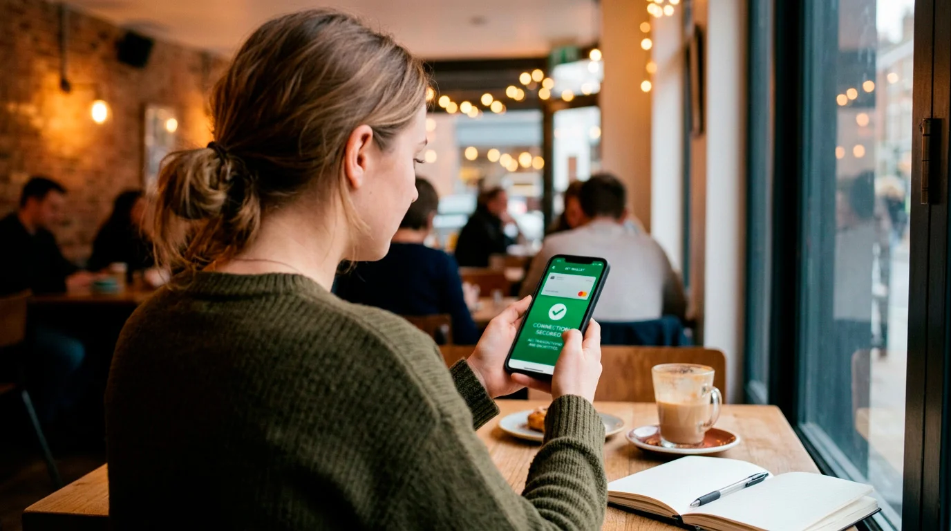 Person checking a secure connection icon before a mobile wallet payment