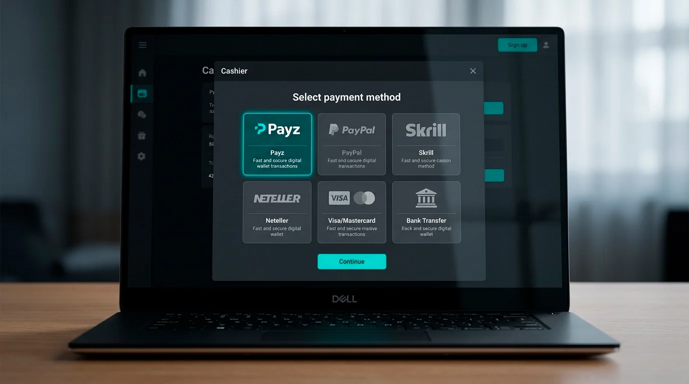 Selecting Payz as the deposit method on a UK casino cashier screen