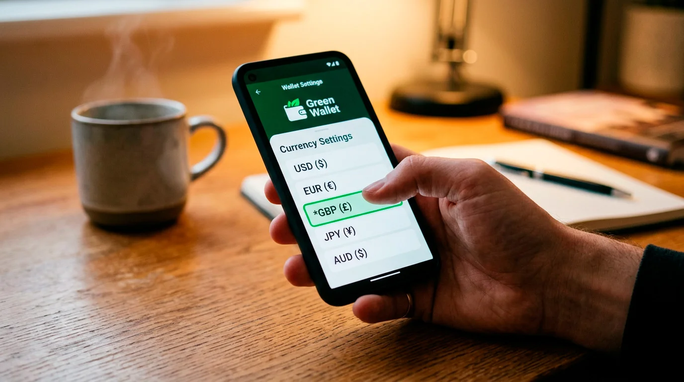 Person selecting pounds as the base currency in a wallet app settings screen
