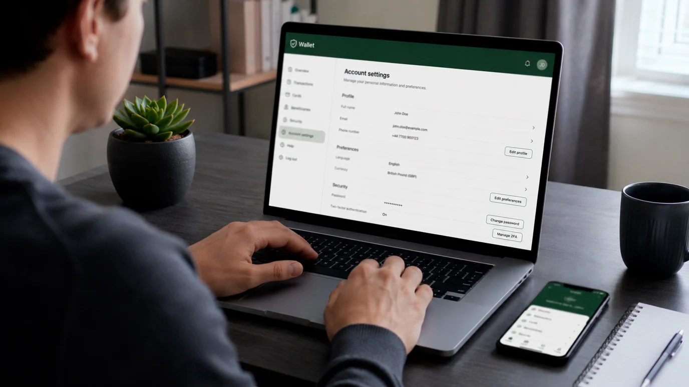 Person configuring a newly opened wallet on a laptop for UK casino use