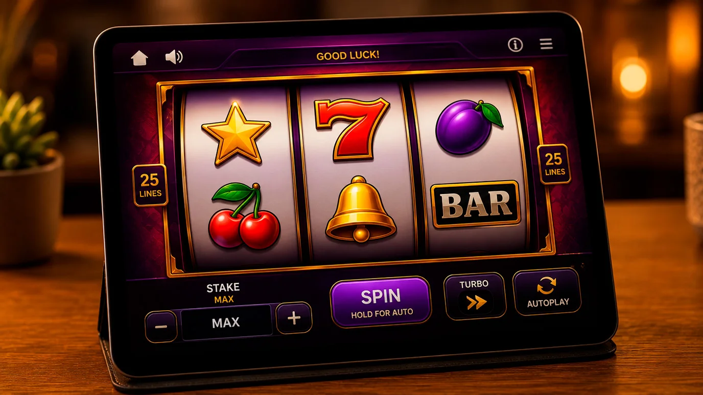 Online slot reels on a screen with a clearly capped per-spin stake control