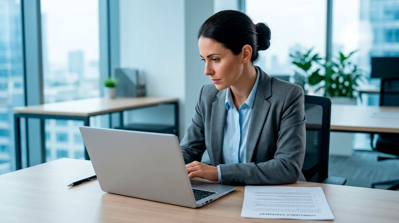Compliance officer reviewing a source-of-funds check on a laptop at a tidy desk
