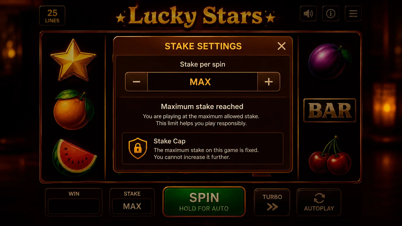 Slot game interface with a built-in fixed cap illustrating designed-in protection