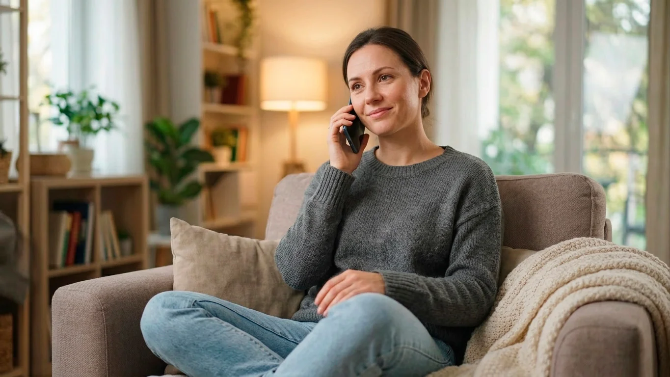Person reaching out to a gambling support helpline by phone in a calm home setting