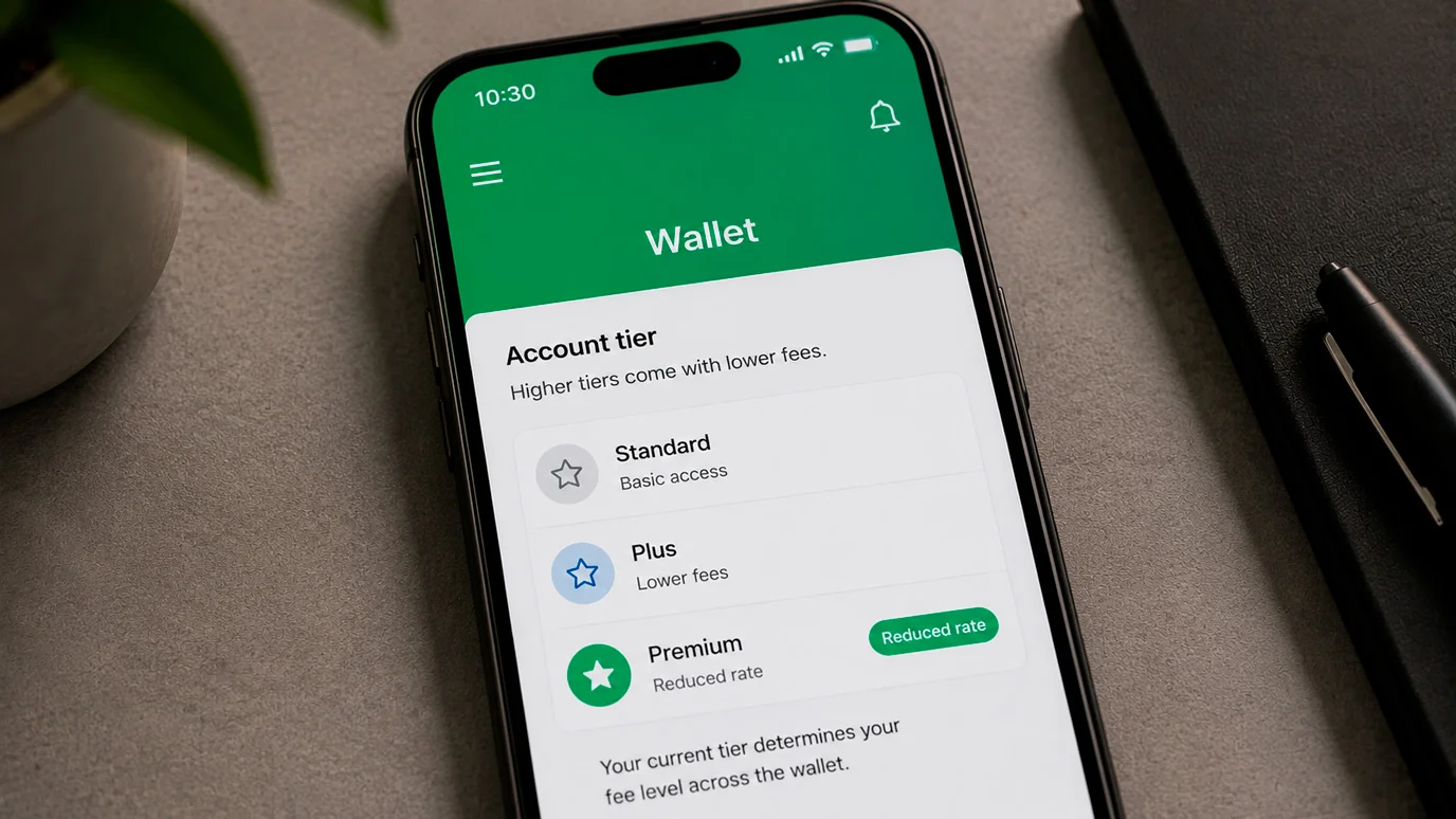 Wallet tier screen on a phone showing a better conversion rate for a higher tier