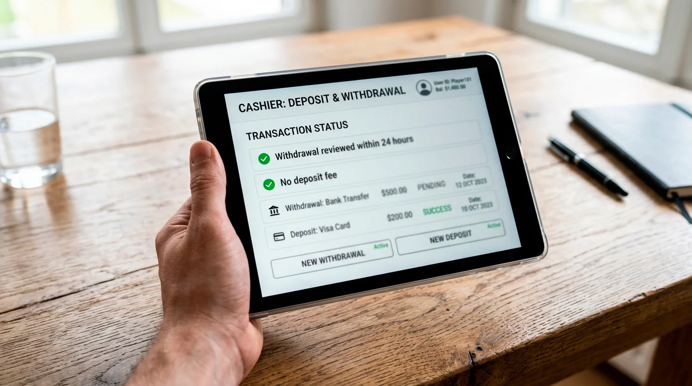 Transparent casino cashier page stating Payz withdrawal times and fee details