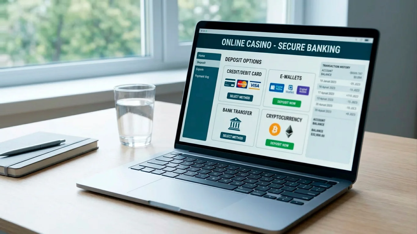 Clean, transparent casino banking page open on a laptop with clearly listed methods