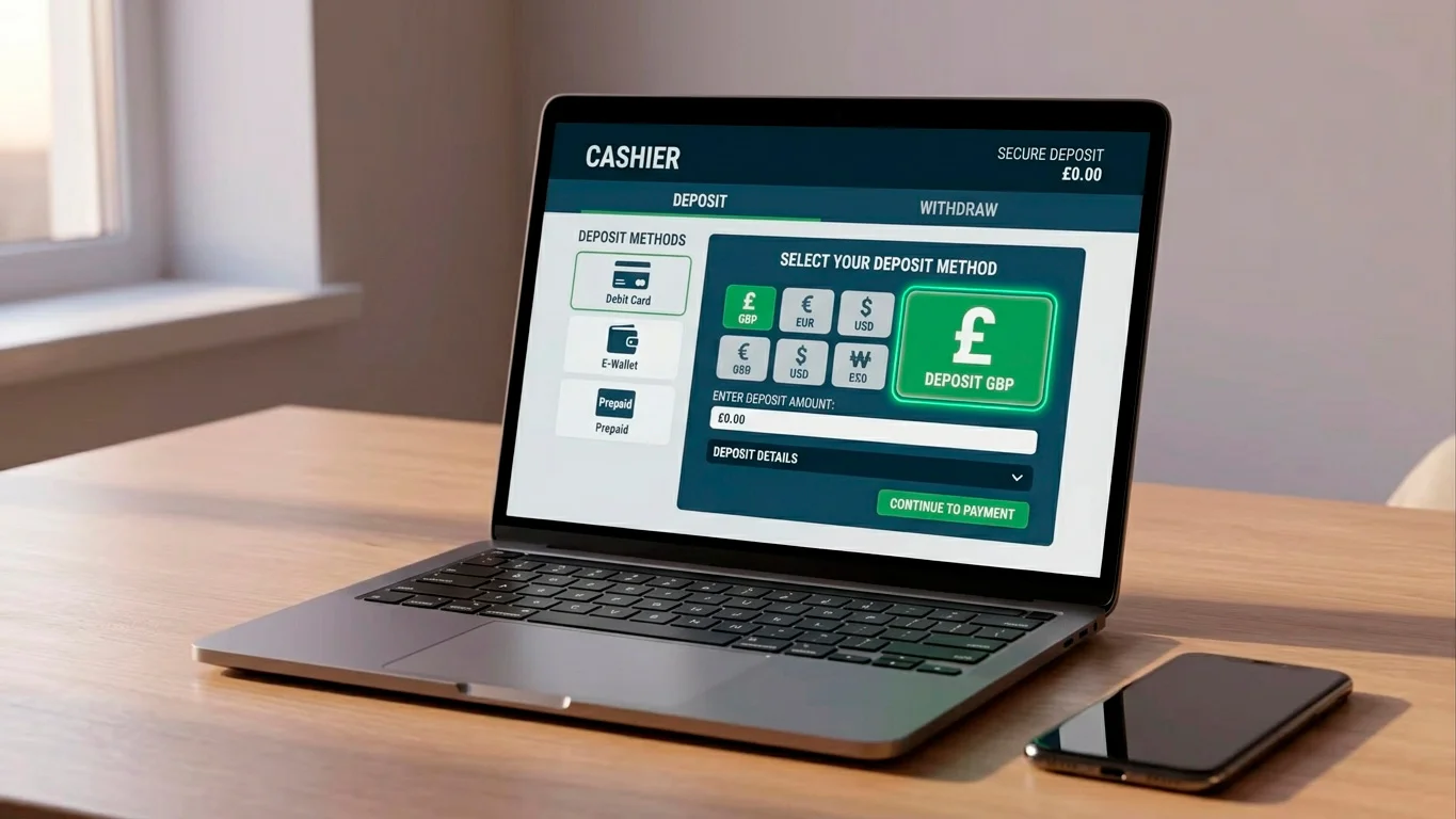 UK casino cashier page open on a laptop with a pound-denominated deposit option